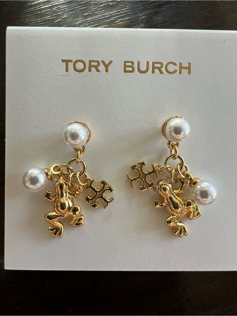 Tory Burch Gold-tone Frog and Pearl Charm Drop Earrings